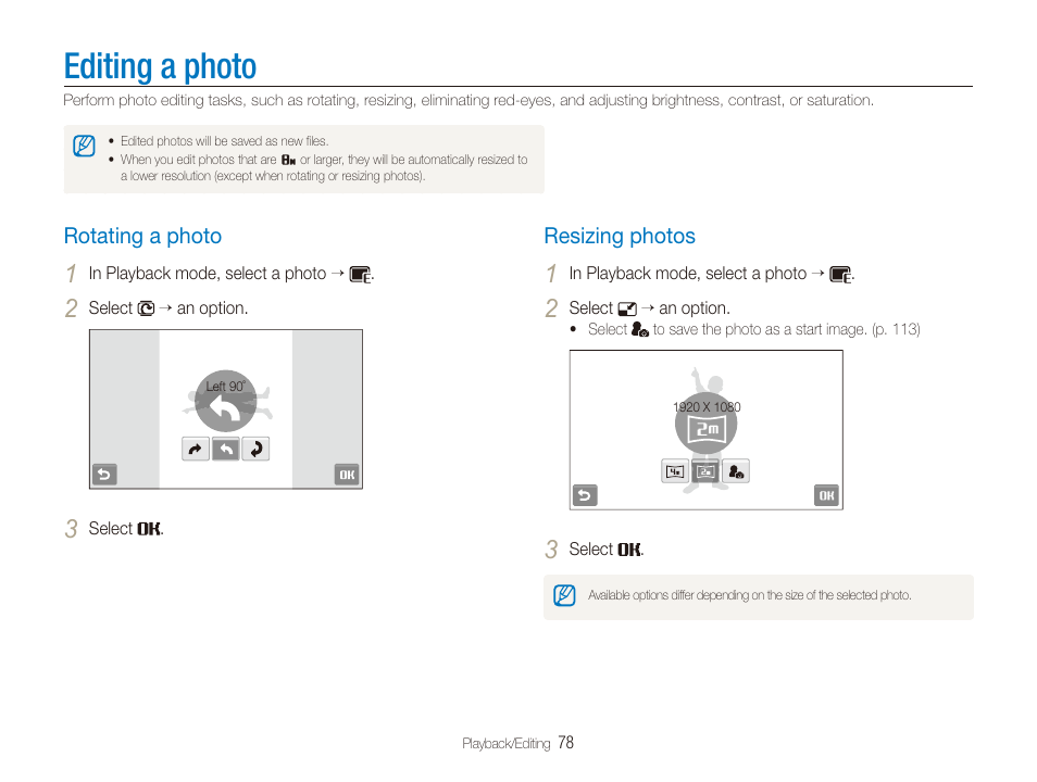 Editing a photo, Rotating a photo, Resizing photos | Rotating a photo …………………………… 78, Resizing photos ……………………………… 78 | Samsung EC-CL80ZZBPAUS User Manual | Page 79 / 135