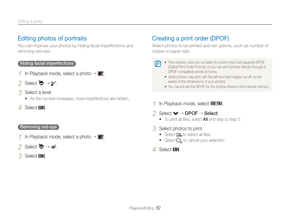 Editing photos of portraits, Creating a print order (dpof), In the edit menu. (p. 82) | Editing photos of portraits …………………… 82, Creating a print order (dpof) ………………… 82 | Samsung EC-CL80ZZBPAUS User Manual | Page 83 / 135