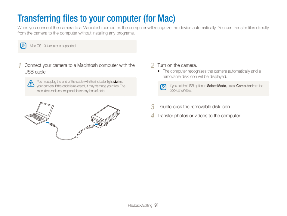 Transferring files to your computer (for mac), Transferring ﬁles to your computer (for mac), Transferring ﬁles to your computer | For mac) | Samsung EC-CL80ZZBPAUS User Manual | Page 92 / 135