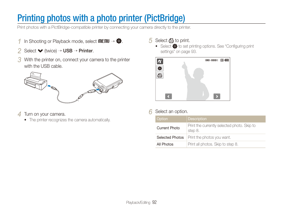 Printing photos with a photo printer (pictbridge), Printing photos with a photo printer, Pictbridge) | Samsung EC-CL80ZZBPAUS User Manual | Page 93 / 135