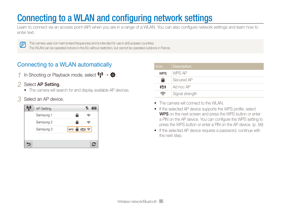 Connecting to a wlan automatically, Connecting to a wlan and conﬁguring, Network settings | Connecting to a wlan automatically ………… 95 | Samsung EC-CL80ZZBPAUS User Manual | Page 96 / 135