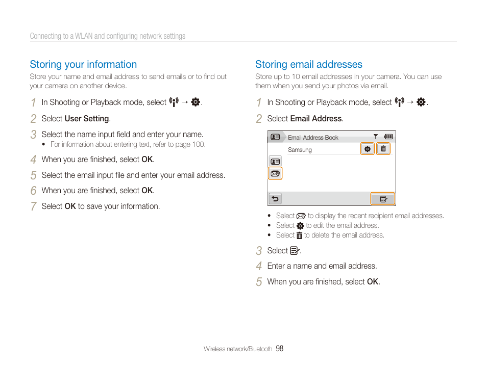 Storing your information, Storing email addresses, Storing your information ……………………… 98 | Storing email addresses ……………………… 98 | Samsung EC-CL80ZZBPAUS User Manual | Page 99 / 135