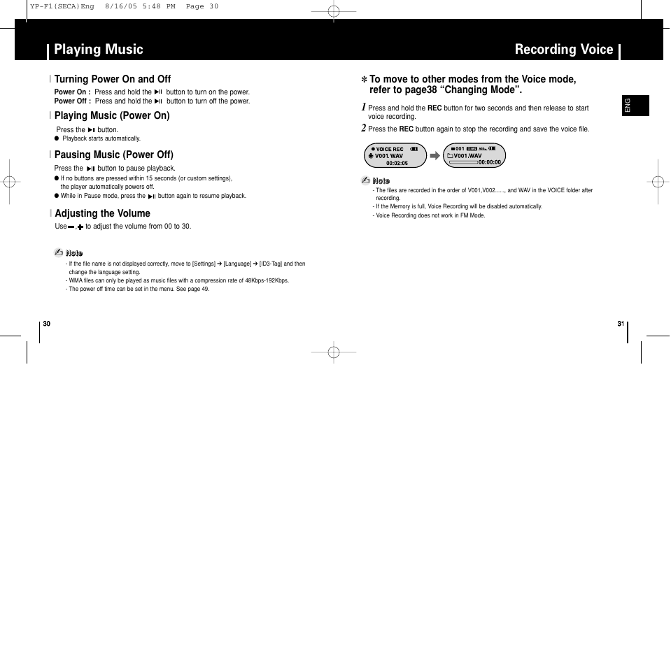 Basic usage, Playing music, Recording voice | Samsung YP-F1ZW-XAA User Manual | Page 16 / 31