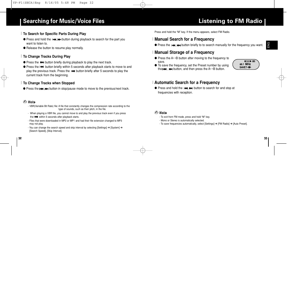 Searching for music/voice files, Listening to fm radio, Imanual search for a frequency | Iautomatic search for a frequency, Imanual storage of a frequency | Samsung YP-F1ZW-XAA User Manual | Page 17 / 31