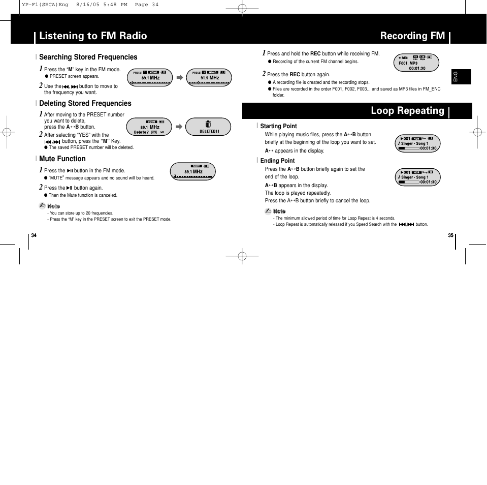 Recording fm, Additional usage, Loop repeating | Listening to fm radio | Samsung YP-F1ZW-XAA User Manual | Page 18 / 31
