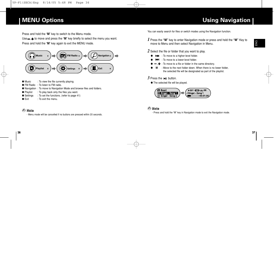 Menu options, Using navigation | Samsung YP-F1ZW-XAA User Manual | Page 19 / 31
