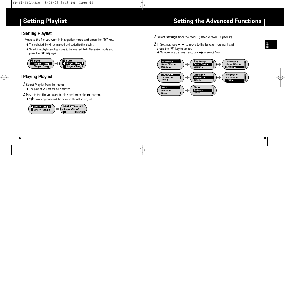 Setting playlist, Setting the advanced functions, Isetting playlist i playing playlist | Samsung YP-F1ZW-XAA User Manual | Page 21 / 31