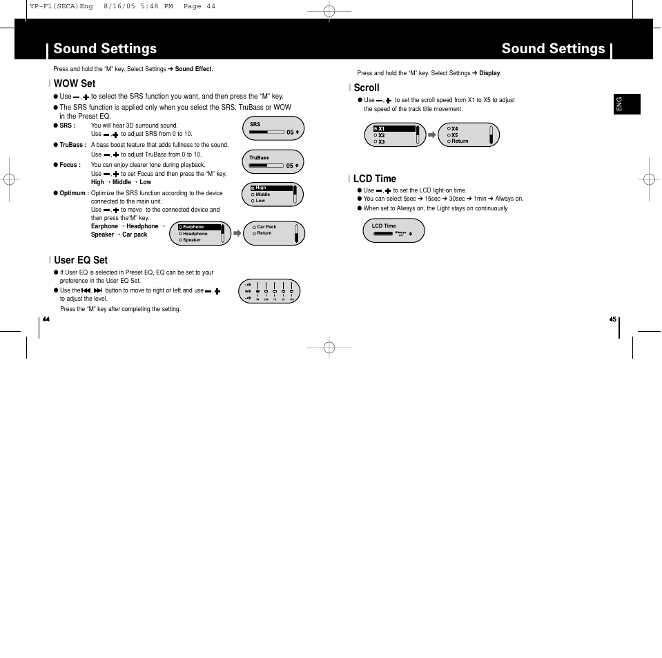 Sound settings, Iscroll, Ilcd time | Iwow set, Iuser eq set | Samsung YP-F1ZW-XAA User Manual | Page 23 / 31