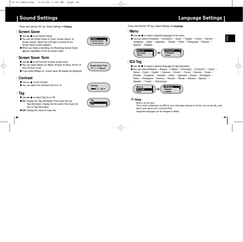 Language settings, Sound settings, Iid3-tag | Imenu, Iscreen saver, Iscreen saver term, Icontrast, Itag | Samsung YP-F1ZW-XAA User Manual | Page 24 / 31