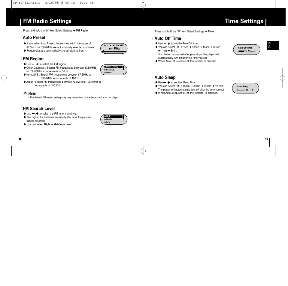 Fm radio settings, Time settings, Iauto off time | Iauto sleep, Iauto preset, Ifm region, Ifm search level | Samsung YP-F1ZW-XAA User Manual | Page 25 / 31