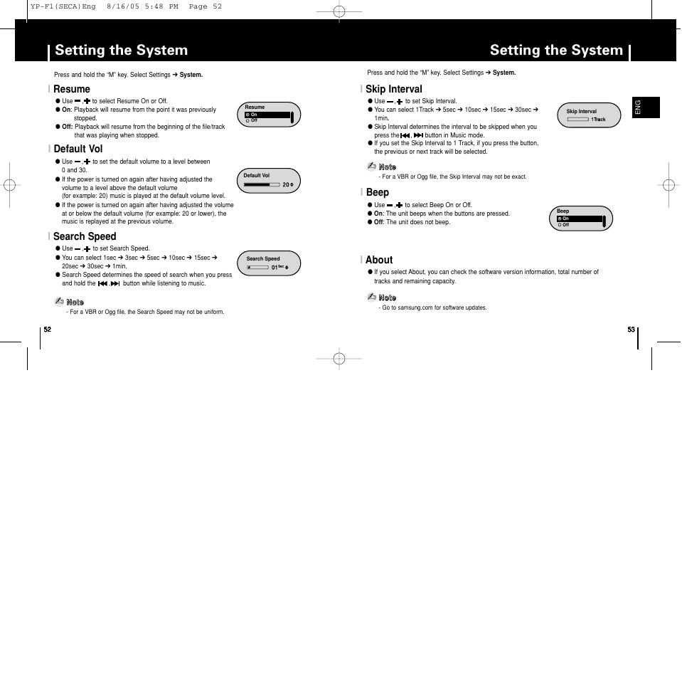 Setting the system, Iskip interval, Ibeep | Iabout, Iresume, Idefault vol, Isearch speed | Samsung YP-F1ZW-XAA User Manual | Page 27 / 31