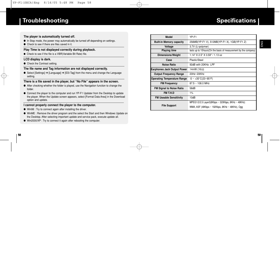 Specifications, Troubleshooting | Samsung YP-F1ZW-XAA User Manual | Page 30 / 31