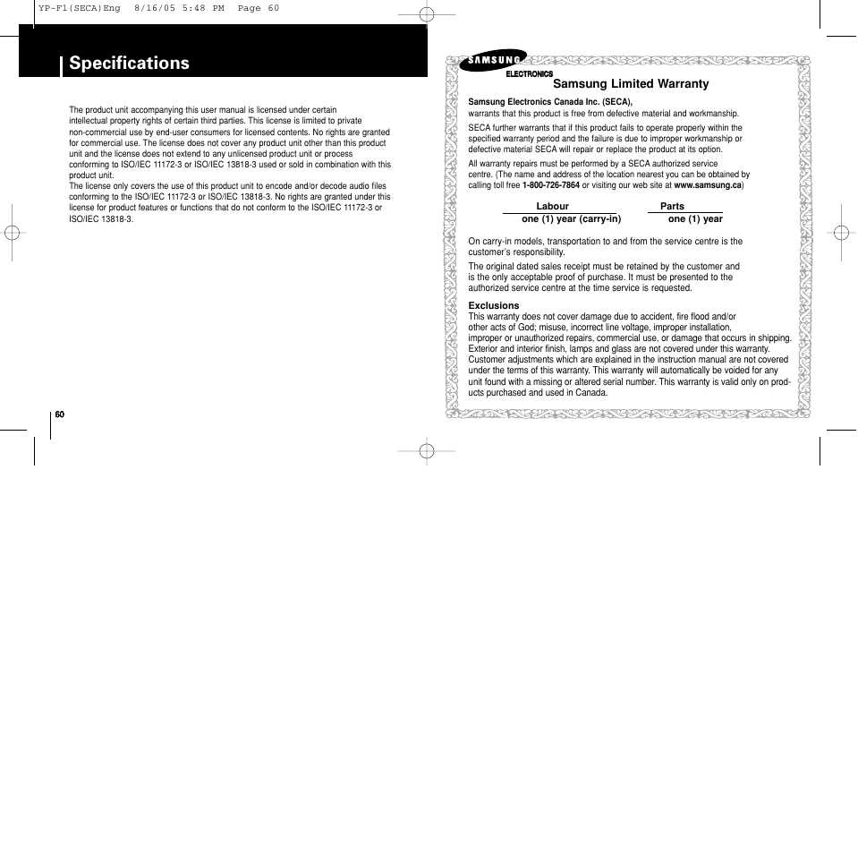 Specifications | Samsung YP-F1ZW-XAA User Manual | Page 31 / 31