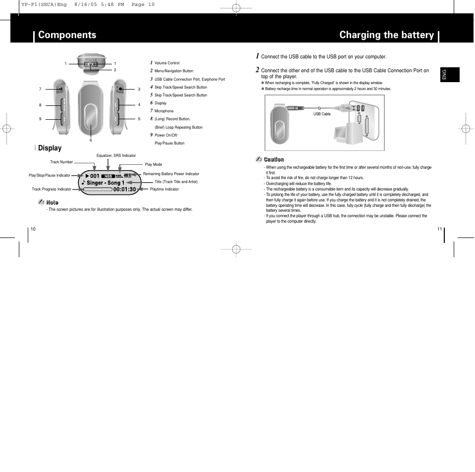 Charging the battery, Charging the battery components, Idisplay | Samsung YP-F1ZW-XAA User Manual | Page 6 / 31