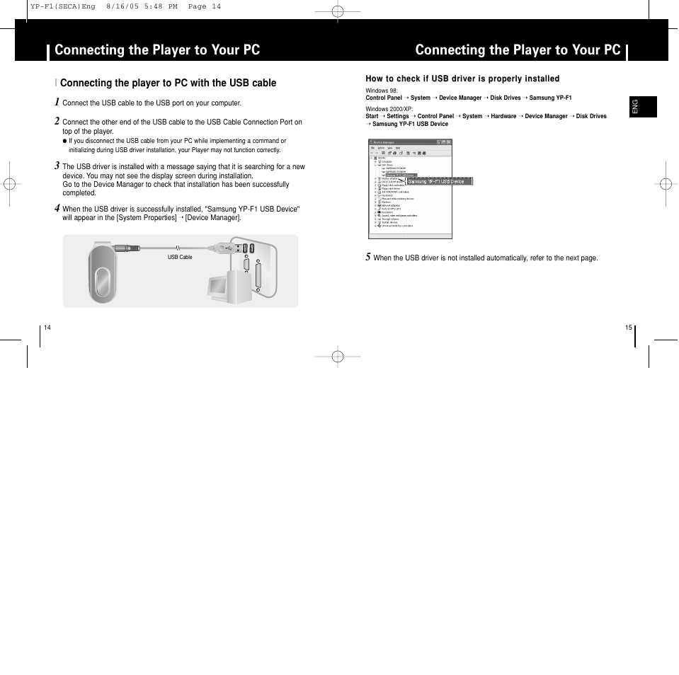 Connecting the player to your pc | Samsung YP-F1ZW-XAA User Manual | Page 8 / 31