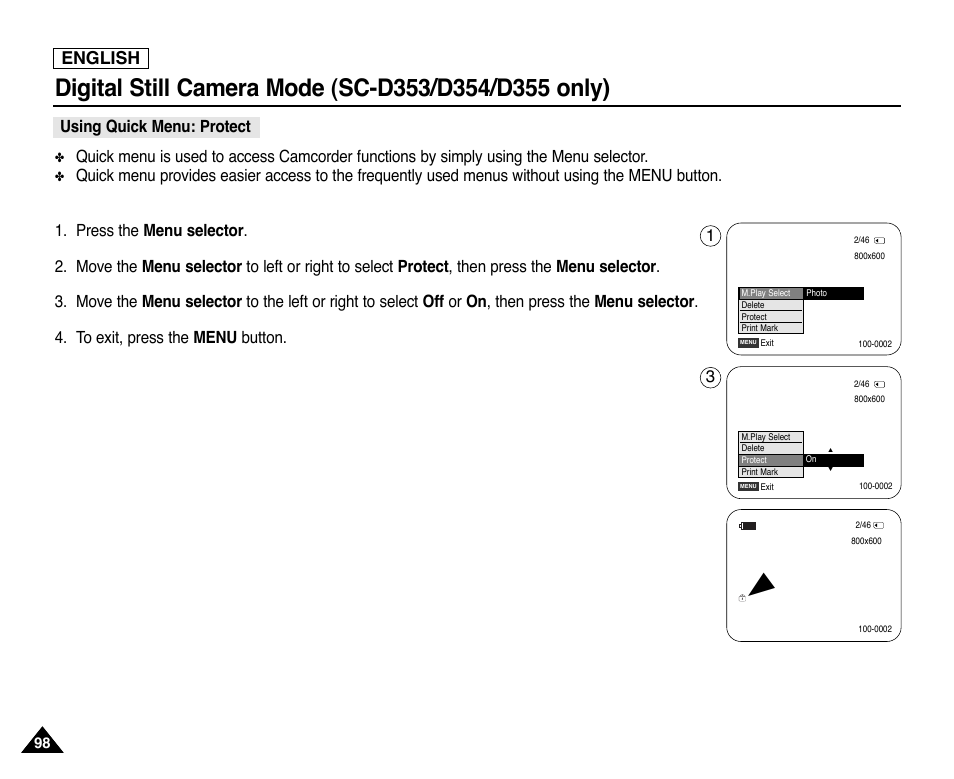 Using quick menu: protect, English | Samsung SC-D353-XAP User Manual | Page 102 / 128
