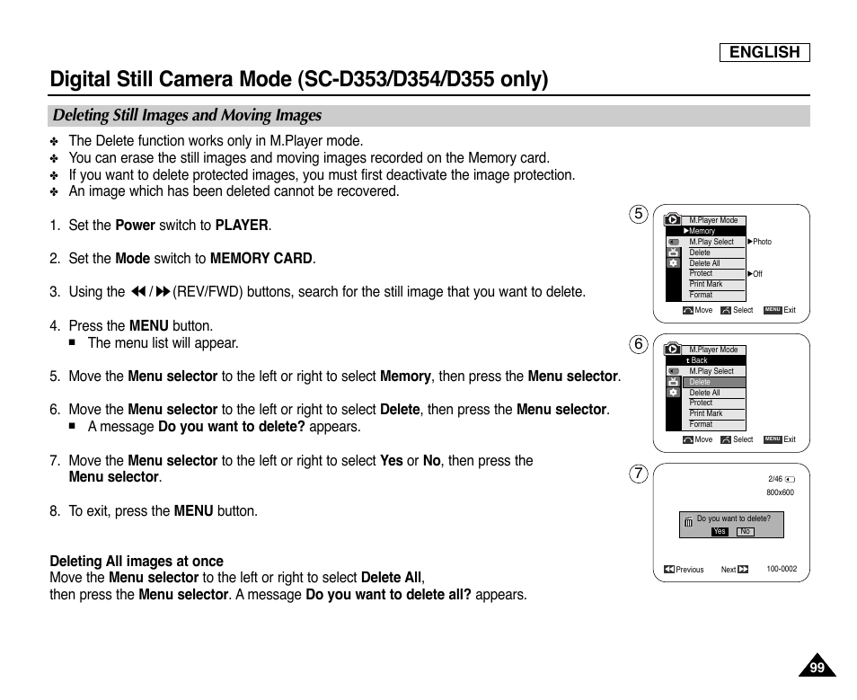 Deleting still images and moving images, English, The delete function works only in m.player mode | Samsung SC-D353-XAP User Manual | Page 103 / 128