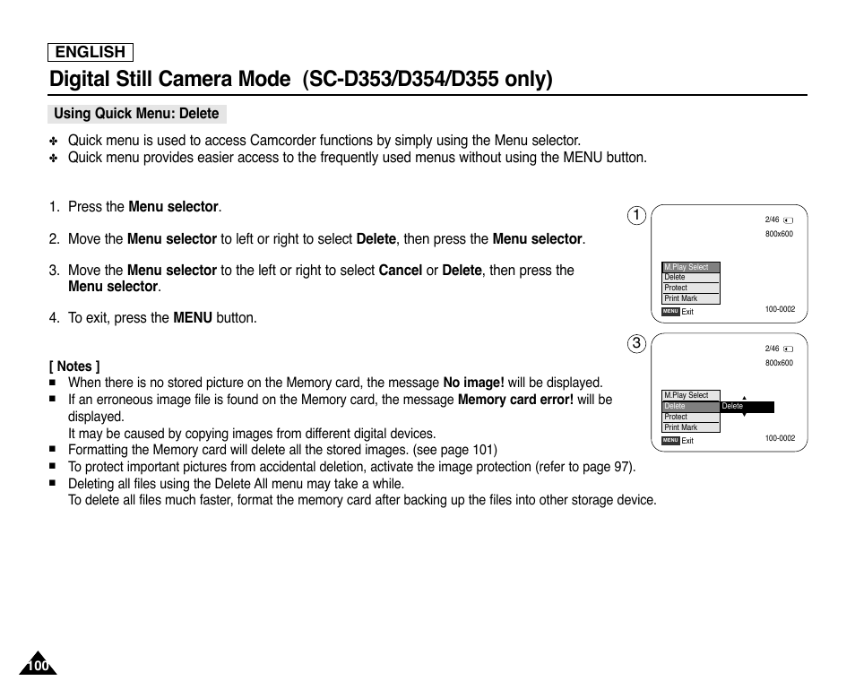 Using quick menu: delete, English | Samsung SC-D353-XAP User Manual | Page 104 / 128