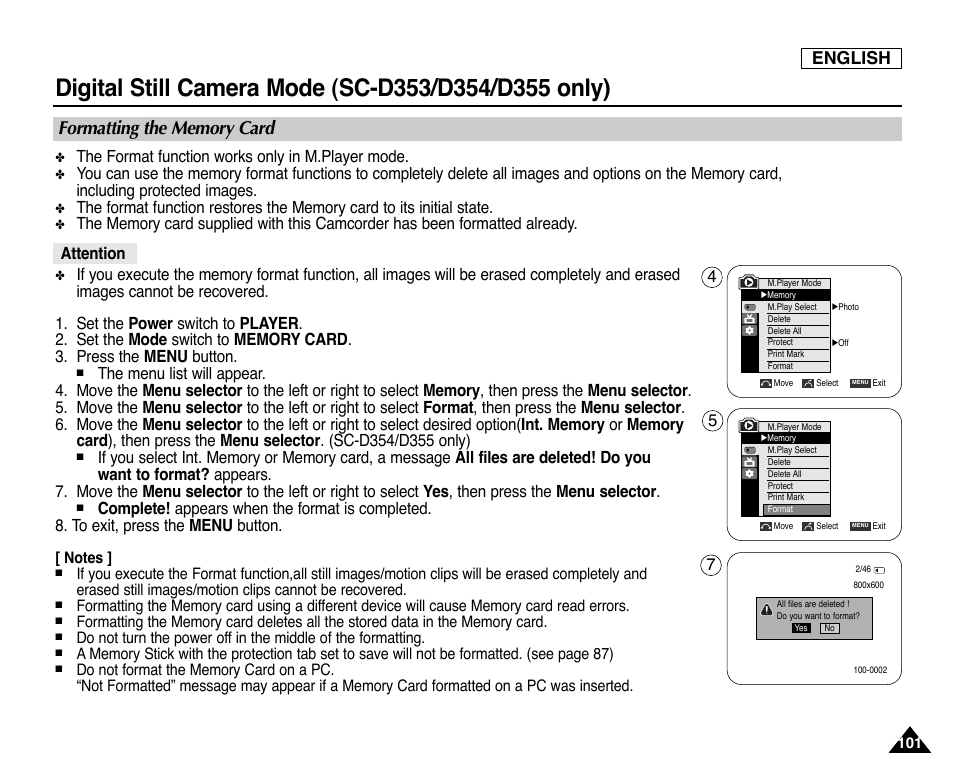 Formatting the memory card, English, The format function works only in m.player mode | Attention | Samsung SC-D353-XAP User Manual | Page 105 / 128