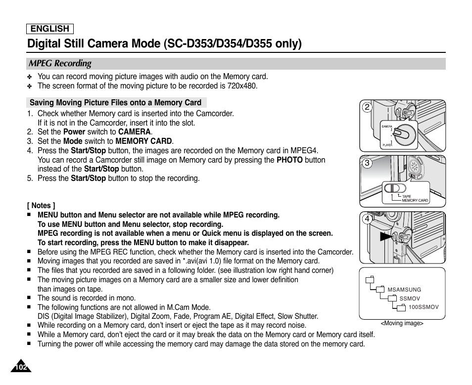 Mpeg recording, Saving moving picture files onto a memory card | Samsung SC-D353-XAP User Manual | Page 106 / 128