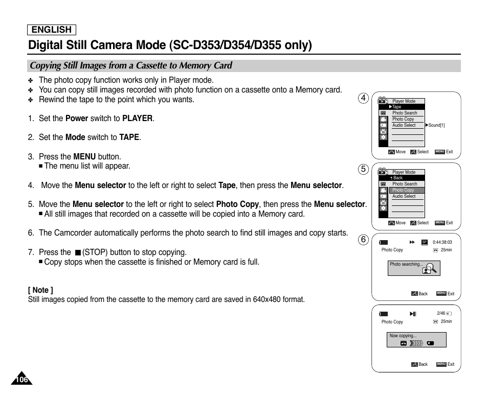 English, The photo copy function works only in player mode | Samsung SC-D353-XAP User Manual | Page 110 / 128