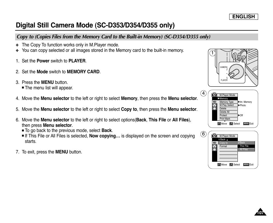 English, The copy to function works only in m.player mode | Samsung SC-D353-XAP User Manual | Page 111 / 128