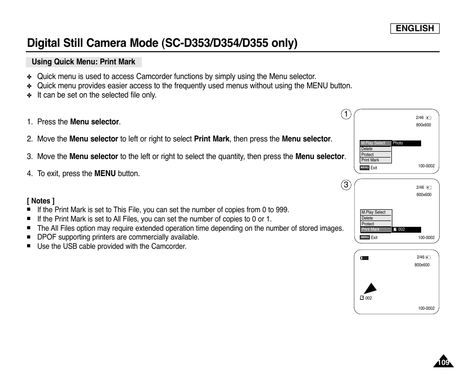 Using quick menu: print mark, English | Samsung SC-D353-XAP User Manual | Page 113 / 128