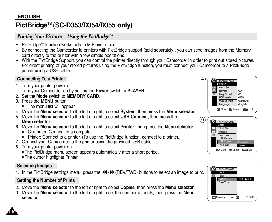 Pictbridgetm (sc-d353/d354/d355 only), Printing your pictures – using the pictbridge, English | Pictbridge, Function works only in m.player mode, Computer: connect to a computer | Samsung SC-D353-XAP User Manual | Page 114 / 128