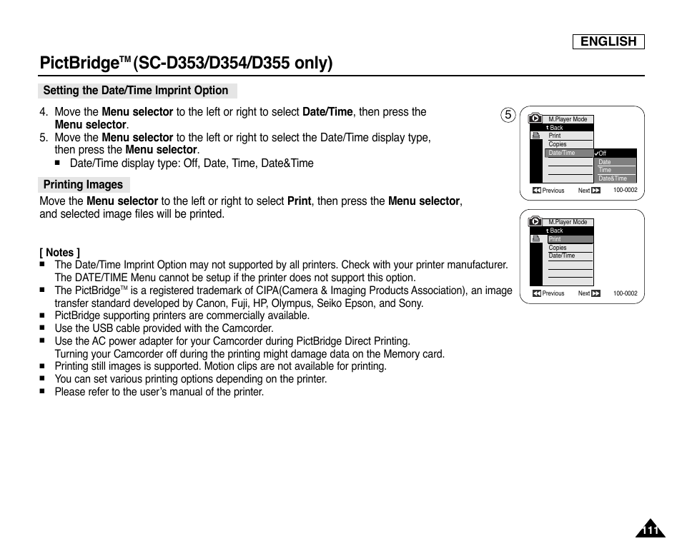 Pictbridge, English | Samsung SC-D353-XAP User Manual | Page 115 / 128