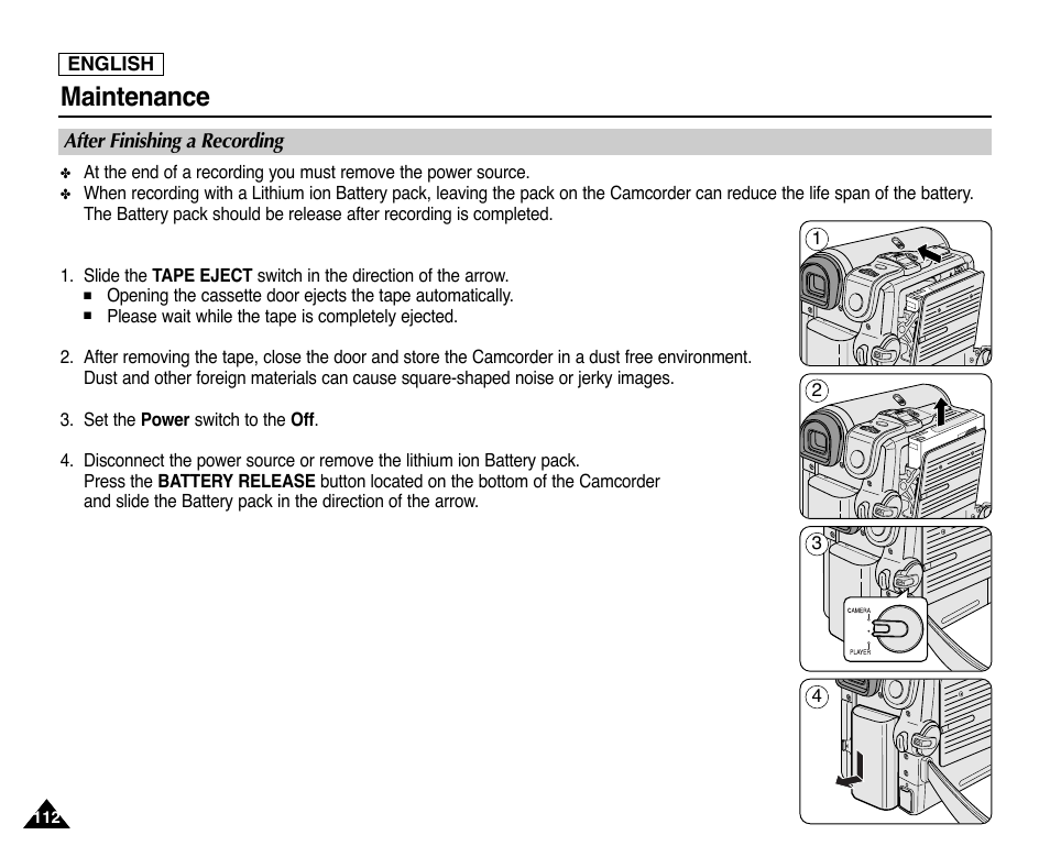 Maintenance, After finishing a recording | Samsung SC-D353-XAP User Manual | Page 116 / 128