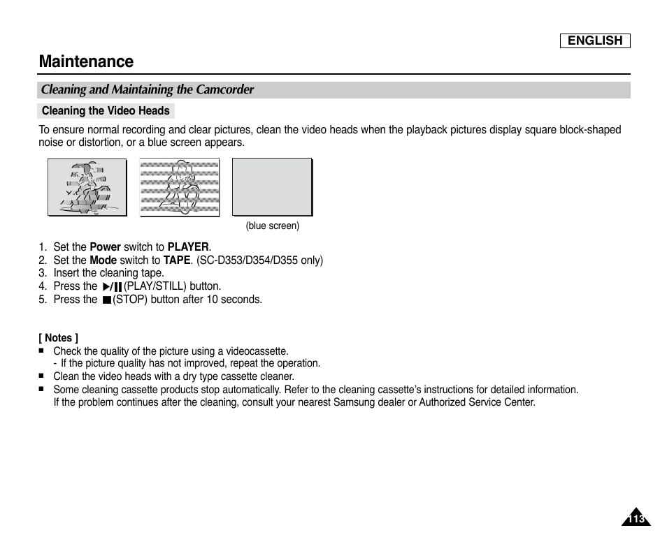 Cleaning and maintaining the camcorder, Maintenance | Samsung SC-D353-XAP User Manual | Page 117 / 128