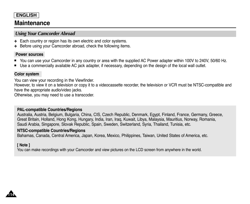 Using your camcorder abroad, Maintenance | Samsung SC-D353-XAP User Manual | Page 118 / 128