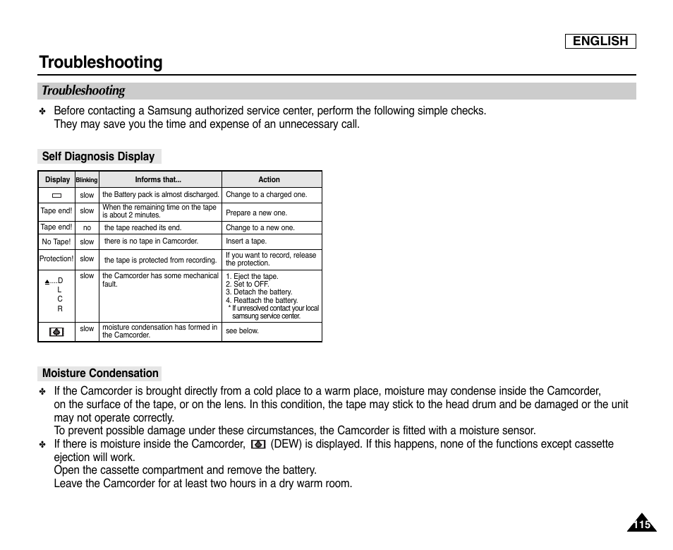 Troubleshooting, English, Moisture condensation self diagnosis display | Samsung SC-D353-XAP User Manual | Page 119 / 128