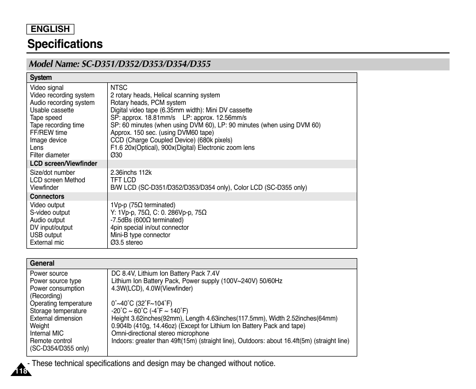 Specifications | Samsung SC-D353-XAP User Manual | Page 122 / 128