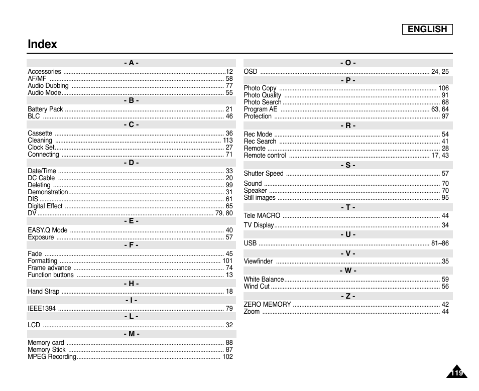 Index | Samsung SC-D353-XAP User Manual | Page 123 / 128