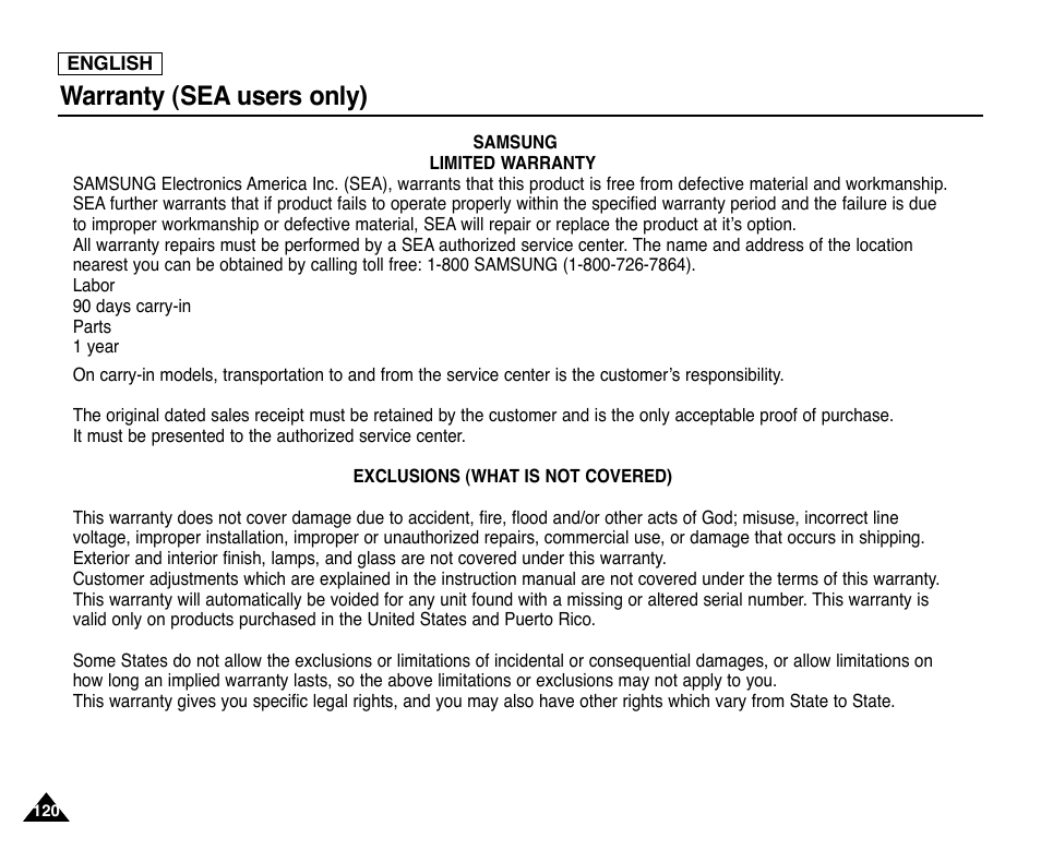 Warranty(sea users only), Warranty (sea users only) | Samsung SC-D353-XAP User Manual | Page 124 / 128