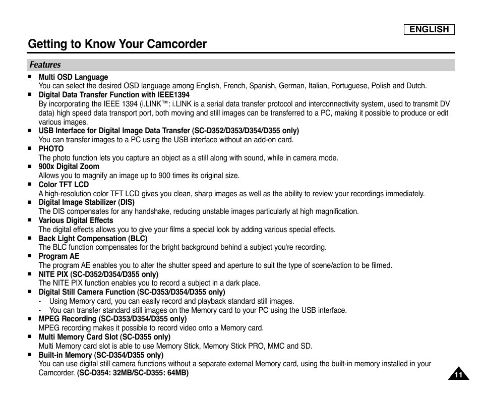 Getting to know your camcorder, Features, English | Samsung SC-D353-XAP User Manual | Page 15 / 128