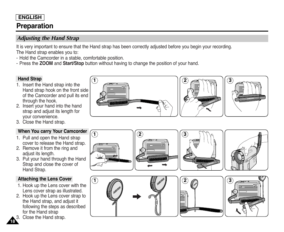 Preparation, Adjusting the hand strap, Hand strap | When you carry your camcorder, Attaching the lens cover | Samsung SC-D353-XAP User Manual | Page 22 / 128