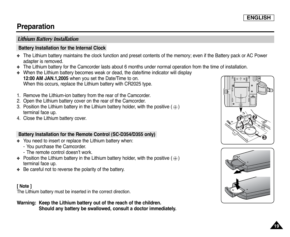 Lithium battery installation, Battery installation for the internal clock, Preparation | Samsung SC-D353-XAP User Manual | Page 23 / 128