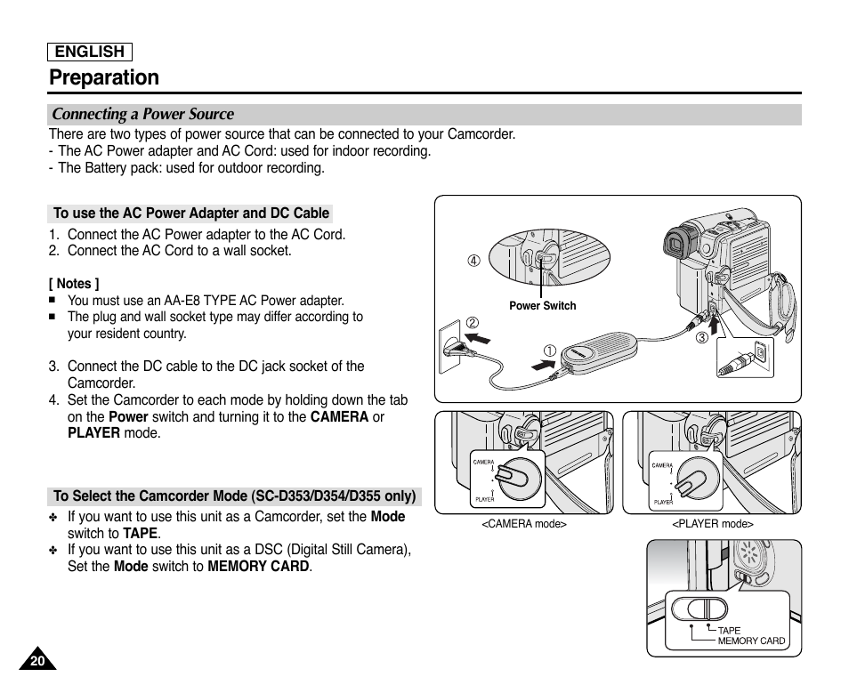Connecting a power source, To use the ac power adapter and dc cable, Preparation | Samsung SC-D353-XAP User Manual | Page 24 / 128