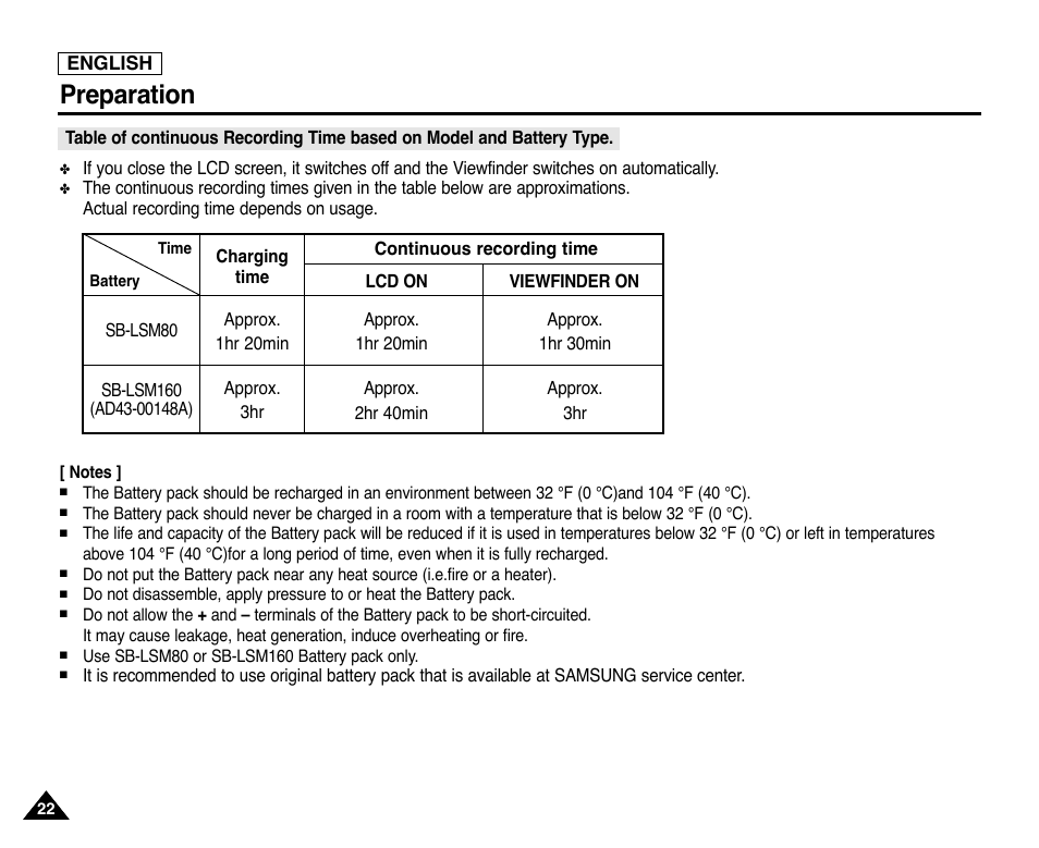 Preparation | Samsung SC-D353-XAP User Manual | Page 26 / 128