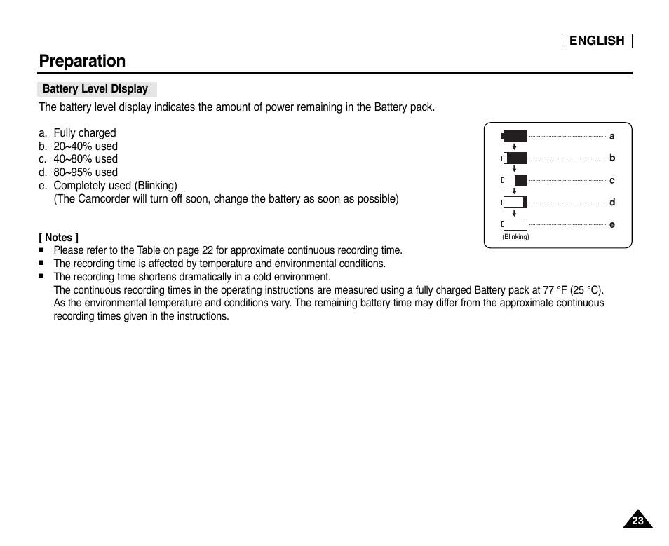 Battery level display, Preparation | Samsung SC-D353-XAP User Manual | Page 27 / 128