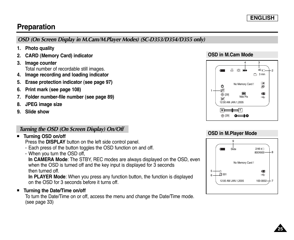 Turning the osd (on screen display) on/off, Preparation, English | Osd in m.cam mode osd in m.player mode | Samsung SC-D353-XAP User Manual | Page 29 / 128