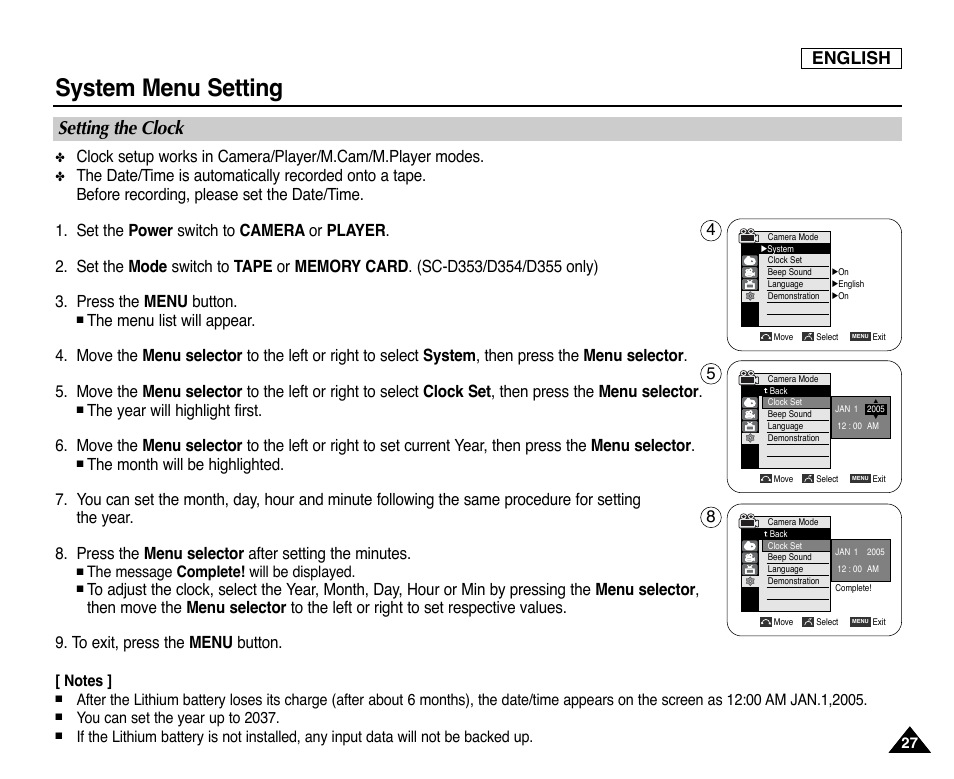 Setting the clock, System menu setting, English | Samsung SC-D353-XAP User Manual | Page 31 / 128