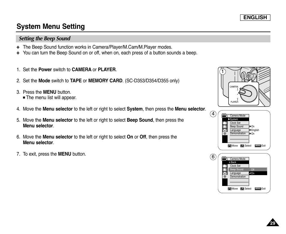 Setting the beep sound, System menu setting, English | Samsung SC-D353-XAP User Manual | Page 33 / 128