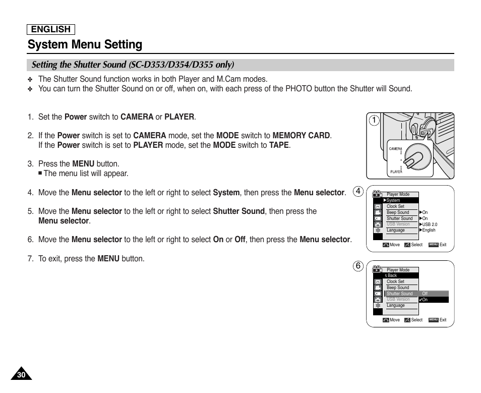 Setting the shutter sound (sc-d353/d354/d355 only), System menu setting, English | Samsung SC-D353-XAP User Manual | Page 34 / 128