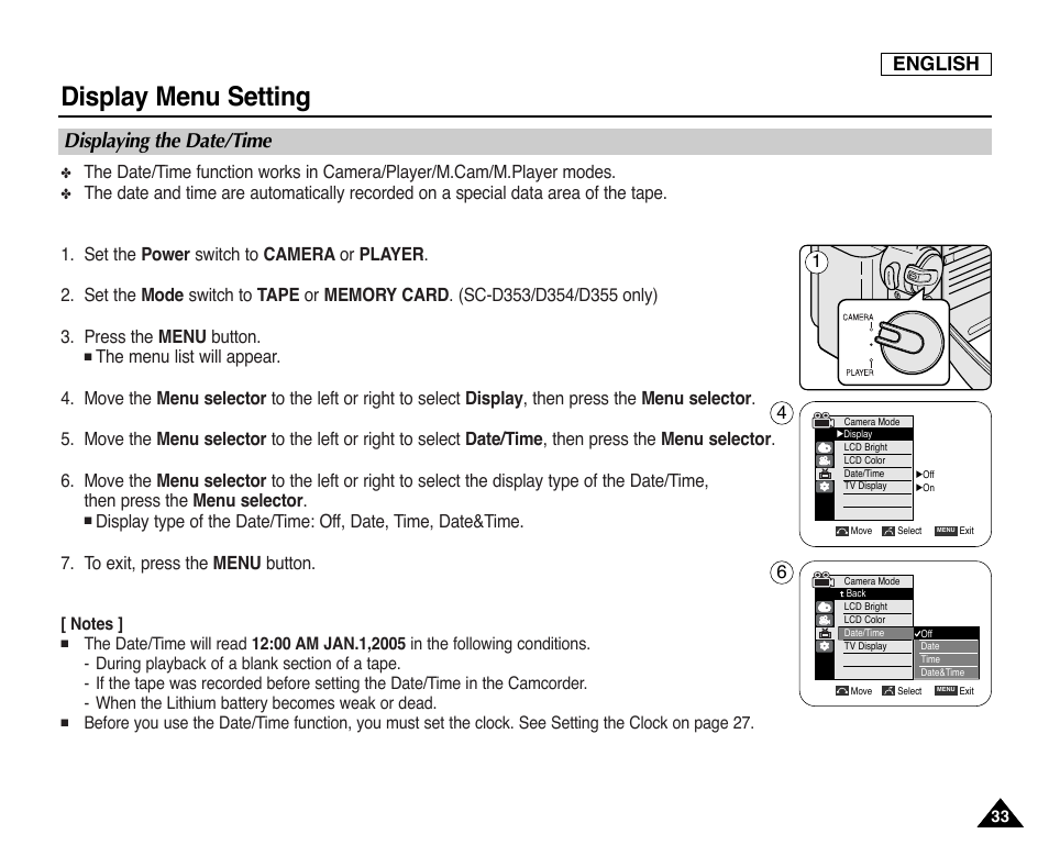 Displaying the date/time, Display menu setting, English | Samsung SC-D353-XAP User Manual | Page 37 / 128