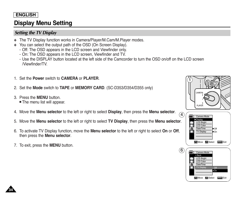 Setting the tv display, Display menu setting, English | Samsung SC-D353-XAP User Manual | Page 38 / 128