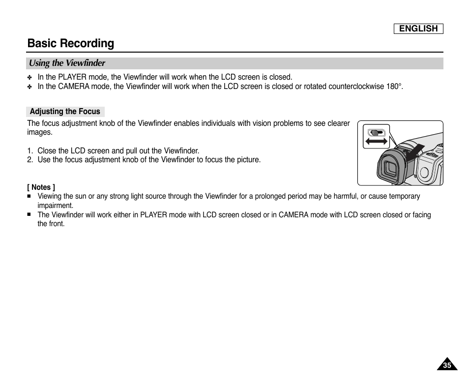 Basic recording, Using the viewfinder, Adjusting the focus | Samsung SC-D353-XAP User Manual | Page 39 / 128