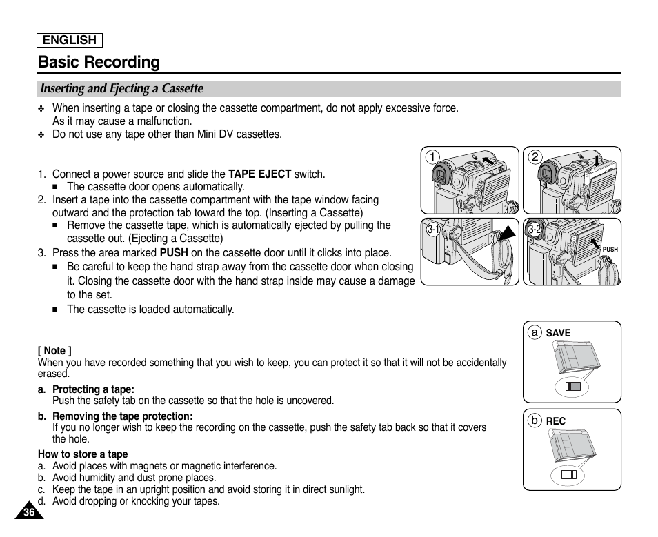 Inserting and ejecting a cassette, Basic recording | Samsung SC-D353-XAP User Manual | Page 40 / 128